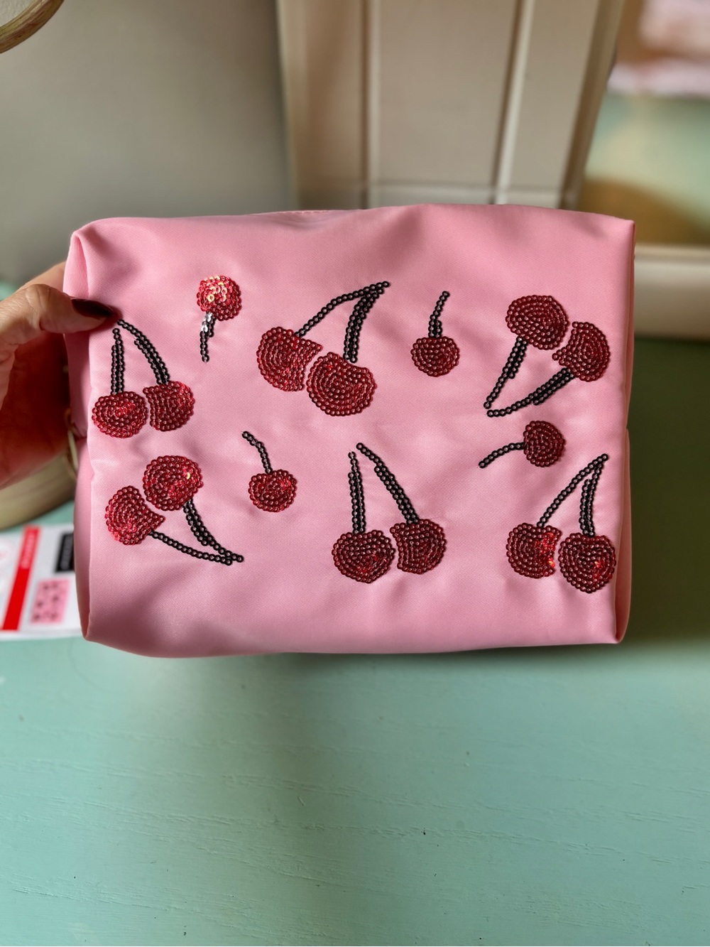 Pink Cherry Sequin Cosmetic Pouch NWT